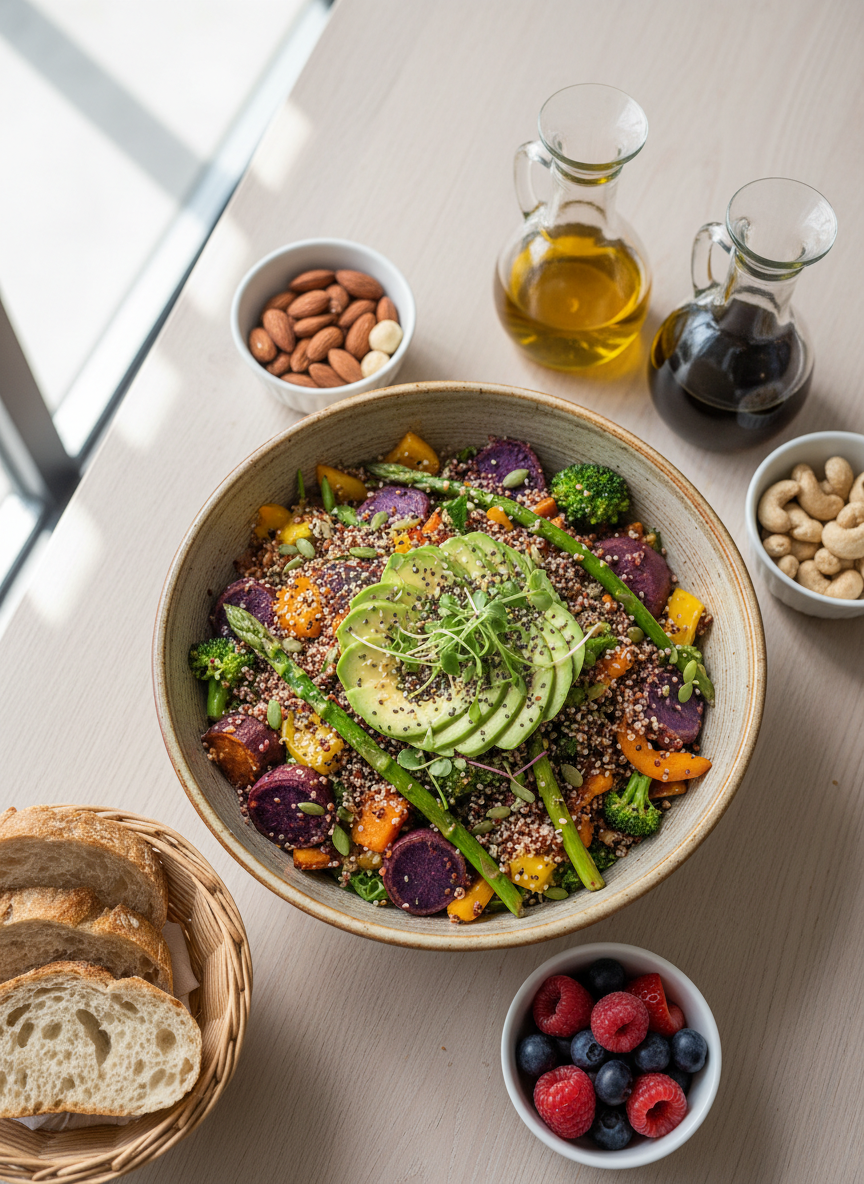 A vibrant, photorealistic overhead view of a beautifully arranged healthy meal spread on a light wooden table. At the center, a rustic ceramic bowl brims with colorful quinoa salad, roasted seasonal vegetables, and creamy avocado slices, garnished with microgreens and toasted seeds. Around it, small bowls display nuts, fresh berries, cold-pressed oils, and whole-grain bread, clearly distinguishing main dishes from side accompaniments. Soft natural daylight from a nearby window casts gentle, clean shadows, emphasizing freshness and texture. The mood is professional yet warm and inviting, with a clean, modern aesthetic. Shot with sharp focus and subtle depth of field so that the central bowl is the hero, ideal as a homepage hero image for a wholesome, artisan healthy food brand.